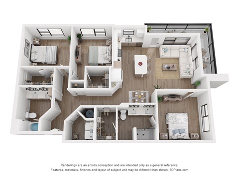 Floor plan for 3 beds, 2 baths, 1445 sqft